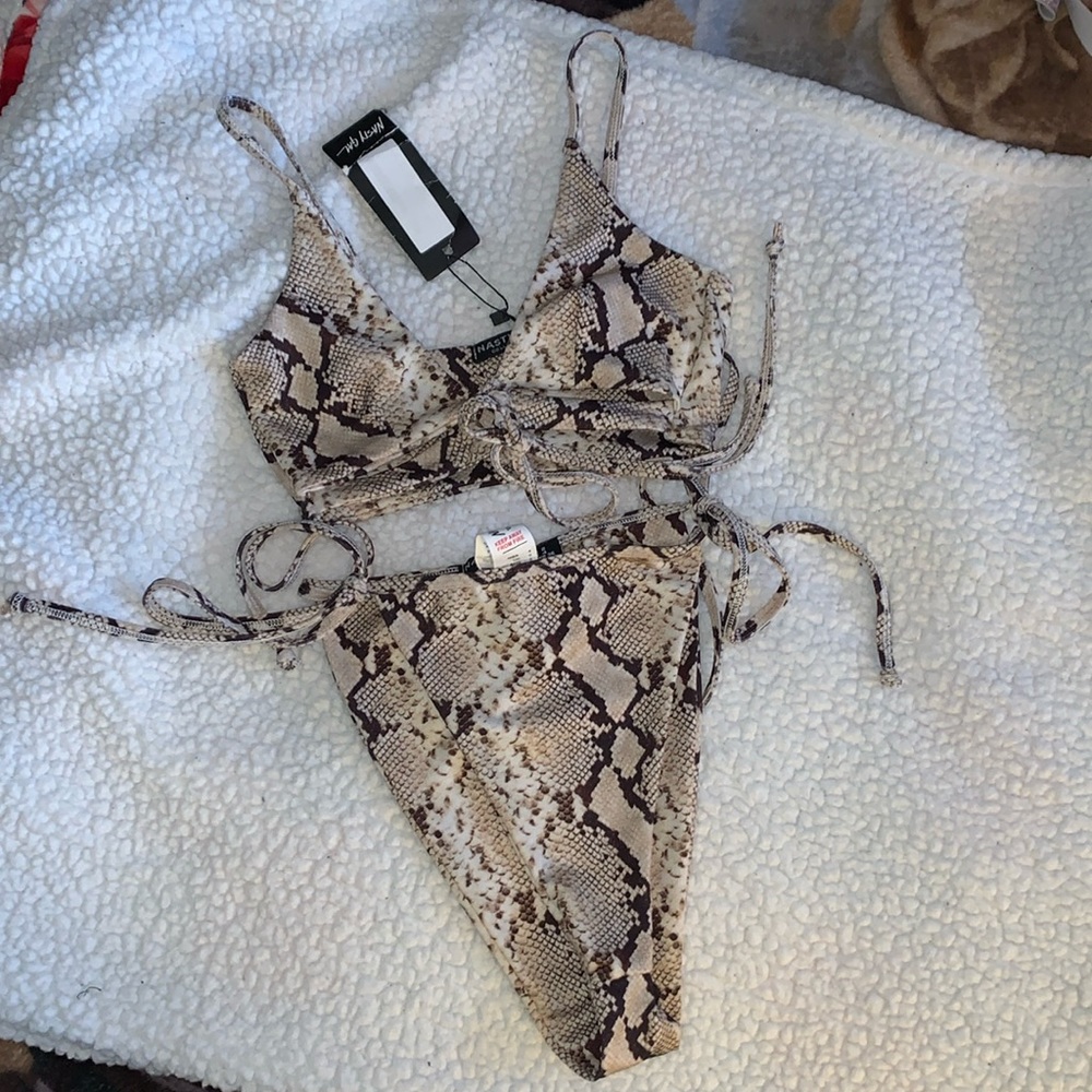 Nasty Gal Snake Print Tie Front High Leg Bikini Set